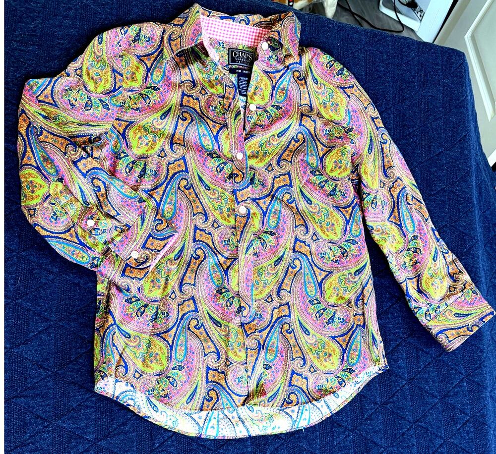 Chaps Petite M Paisley No Iron Cotton Button Up Shirt Contrast Gingham